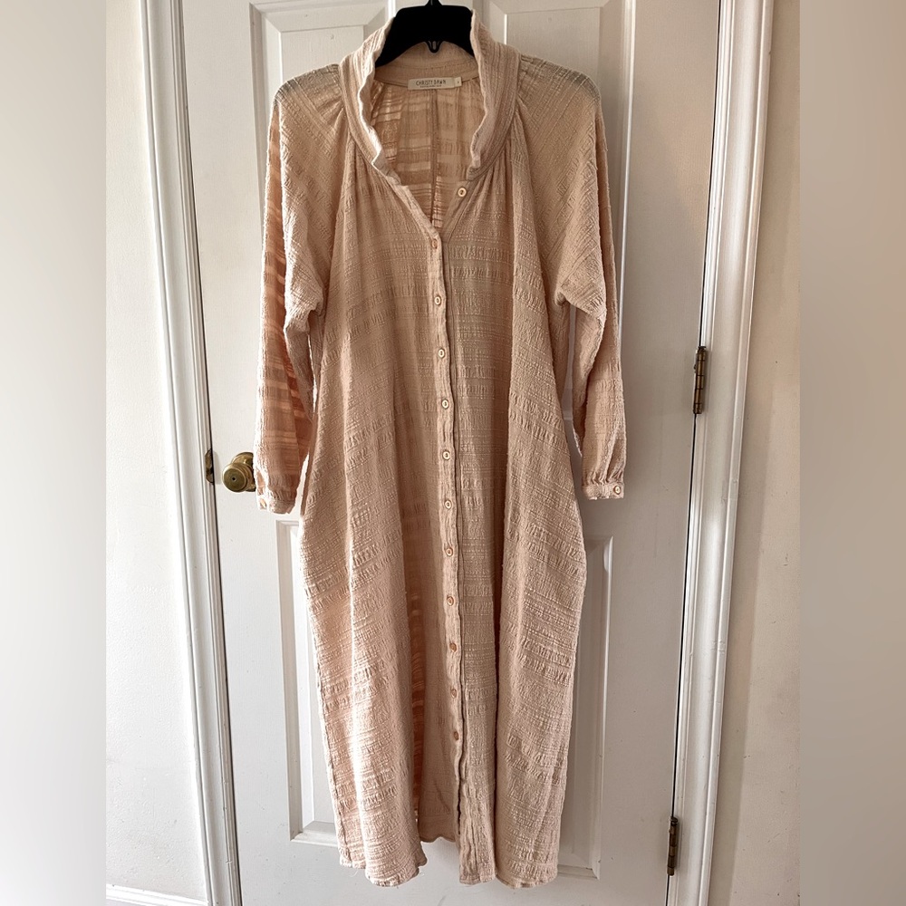 Christy Dawn Dress Maxi SMALL Long Sleeve Peach Tan Button Front Neutral Simple